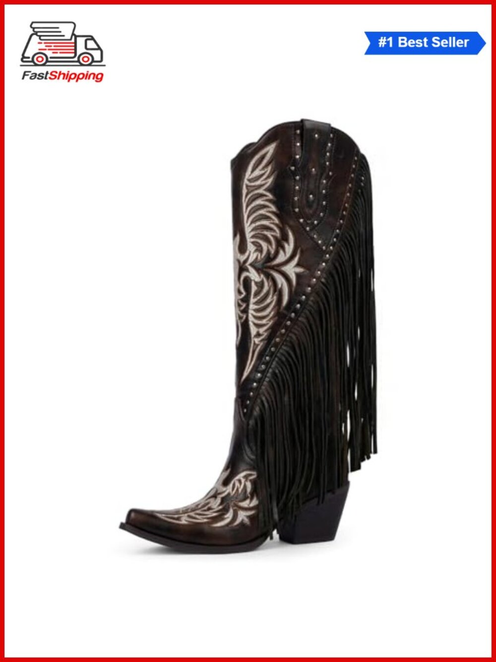 Faux Leather Fringe Studded Cowboy Boots Knee High Chunky Heel Western